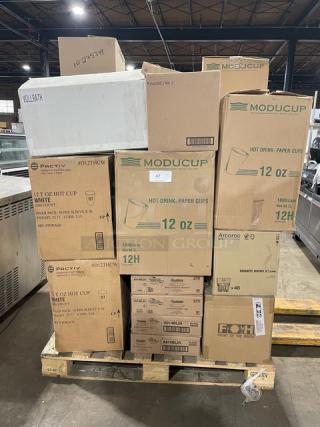 All New In The Box! Mixed Pallet! Vollrath Fine Wire Mesh Strainers! With Moducup 12oz Paper Hot Cups! With Pactiv 12oz White Hot Cups! With WNA CheckMate 14" Polystyrene Catering Trays! With Arcoroc 5-1/4oz Granite Rocks Glasses! With FOH Porcelain White 5oz Cinch Pourers! With Vollrath Traex Series Full-Size Beige 16-Compartment Glass Racks! 28X Your Bid!