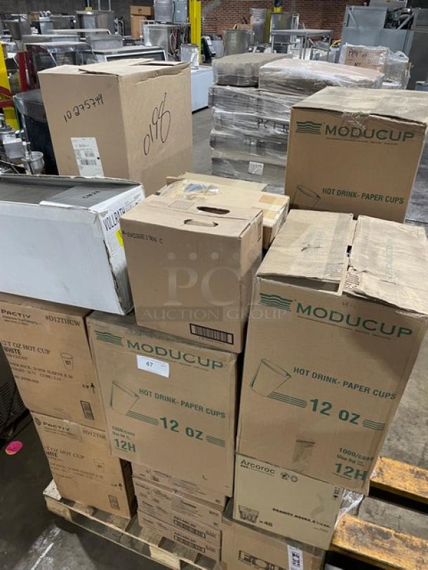 All New In The Box! Mixed Pallet! Vollrath Fine Wire Mesh Strainers! With Moducup 12oz Paper Hot Cups! With Pactiv 12oz White Hot Cups! With WNA CheckMate 14" Polystyrene Catering Trays! With Arcoroc 5-1/4oz Granite Rocks Glasses! With FOH Porcelain White 5oz Cinch Pourers! With Vollrath Traex Series Full-Size Beige 16-Compartment Glass Racks! 28X Your Bid! - Image 9 of 9