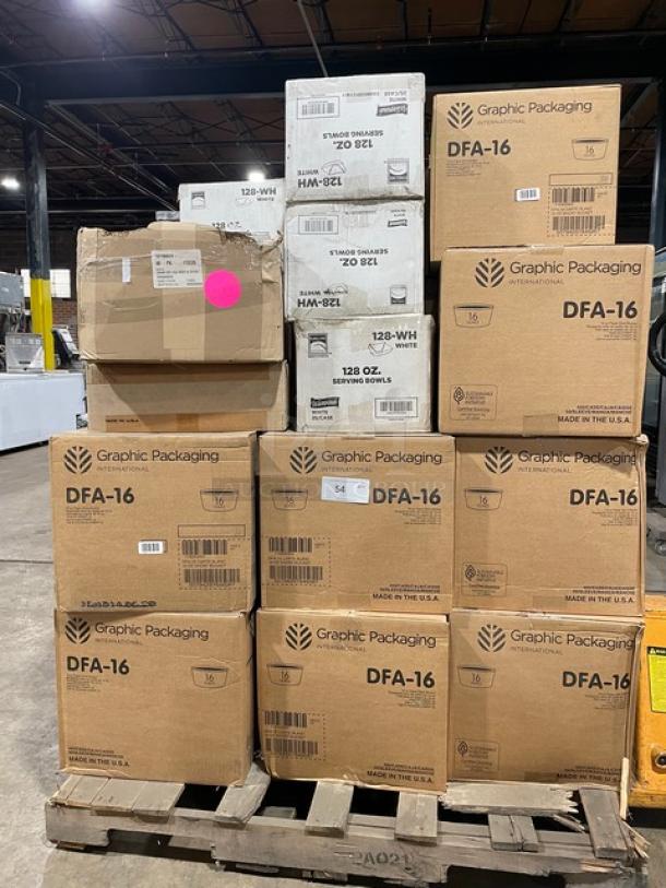 All New In The Box! Mixed Pallet! Graphic Packaging International 16oz Paper Short Buckets! With Fineline Wavetrends 128oz White Polystyrene Serving Bowls! With 8-1/4x5" Dry Wax Sheets! 24X Your Bid! - Image 1 of 7