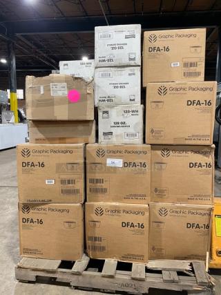 All New In The Box! Mixed Pallet! Graphic Packaging International 16oz Paper Short Buckets! With Fineline Wavetrends 128oz White Polystyrene Serving Bowls! With 8-1/4x5" Dry Wax Sheets! 24X Your Bid!