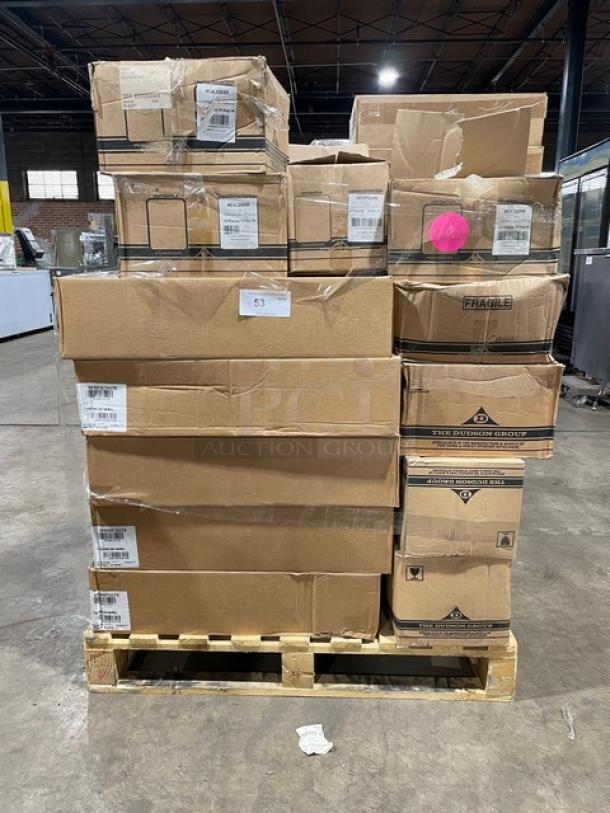 All New In The Box! Mixed Pallet! The Dudson Group Pearl White Round Footed Bowls! With Douglas Stephen Plastics 15" Black Oval Embassy Bowls! With Douglas Stephen Plastics 24oz Black Bowl/Dome Combos! With WNA Well Done 1-3/4" Tan Steer Steak Markers! With The Dudson Group Evo Granite 11.5" Deep Plates! With Flyer Large 12" Slate Serving & Display Trays! 41X Your Bid! - Image 1 of 8