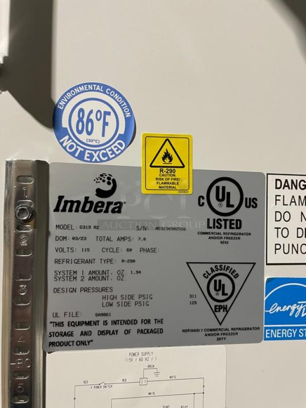 Brand New! Imbera! Late Model 2023! Commercial Single Glass Door Reach In Refrigerator Merchandiser! With Poly Coated Wire Racks! Model: G319 R2 SN: A53230302556! 115V! With Legs! - Image 7 of 9