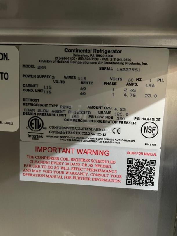 Brand New! Continental Commercial Stainless Steel Solid 2 Door Reach-In Refrigerator! With Poly Coated Wire Racks! With Door Locks & Keys! Model: 2RN SN: 16223951! 115V 1 Phase! With Casters! - Image 6 of 13