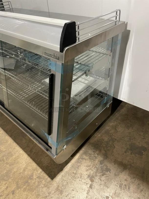 New! Scratch-N-Dent! Marchia Commercial Stainless Steel 34" Heated Countertop Display/Showcase! With Front & Rear Sliding Glass Doors! With Chrome Plated Wire Racks! Model: SHCC136! 110-120V! On Legs! - Image 2 of 10