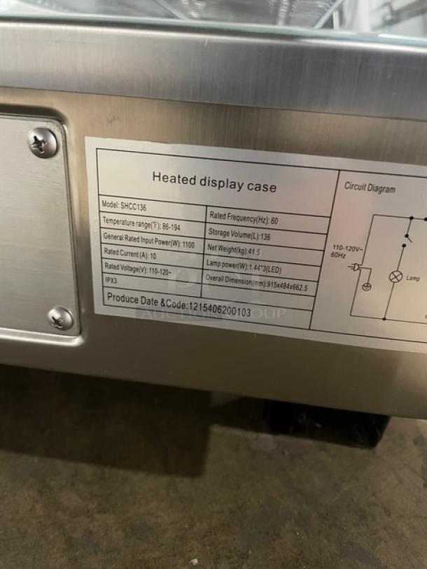 New! Scratch-N-Dent! Marchia Commercial Stainless Steel 34" Heated Countertop Display/Showcase! With Front & Rear Sliding Glass Doors! With Chrome Plated Wire Racks! Model: SHCC136! 110-120V! On Legs! - Image 7 of 10