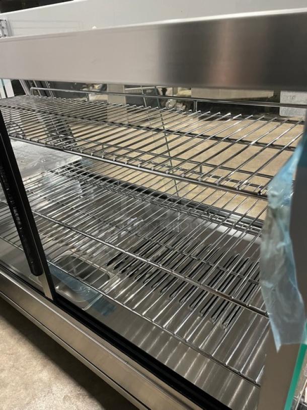 New! Scratch-N-Dent! Marchia Commercial Stainless Steel 34" Heated Countertop Display/Showcase! With Front & Rear Sliding Glass Doors! With Chrome Plated Wire Racks! Model: SHCC136! 110-120V! On Legs! - Image 9 of 10