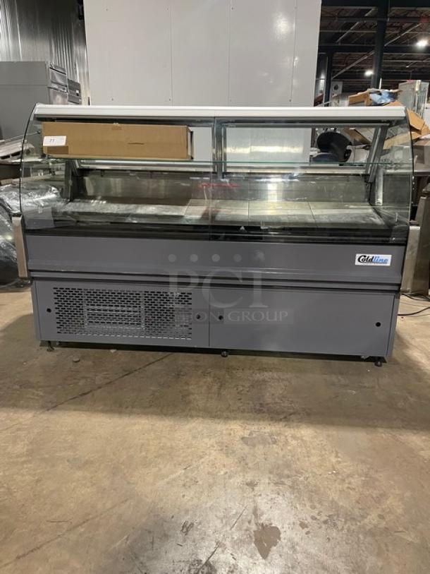 New! Scratch-N-Dent! Coldline Commercial 72″ Curved Glass Refrigerated Meat/Deli Display Merchandiser Case! With Glass Display Shelf! With LED Lighting! With Rear Sliding Glass Doors! With 8" Rear Work Surface! With Refrigerated Storage Compartments! Model: SDC72! 115V! On Casters! - Image 1 of 11