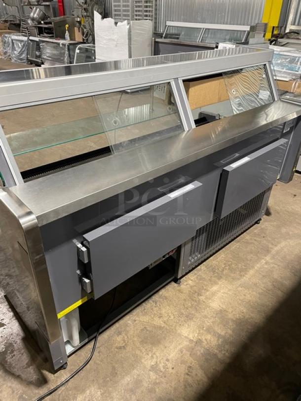 New! Scratch-N-Dent! Coldline Commercial 72″ Curved Glass Refrigerated Meat/Deli Display Merchandiser Case! With Glass Display Shelf! With LED Lighting! With Rear Sliding Glass Doors! With 8" Rear Work Surface! With Refrigerated Storage Compartments! Model: SDC72! 115V! On Casters! - Image 3 of 11