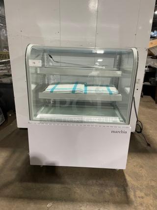 New! Scratch-N-Dent! Marchia Commercial White 36" Curved Glass Refrigerated Bakery Display Case! With Adjustable Glass Shelves! With LED Lighting! With Rear Hinged Reach In Doors! Model: MB36-W! 110-120V! On Casters!