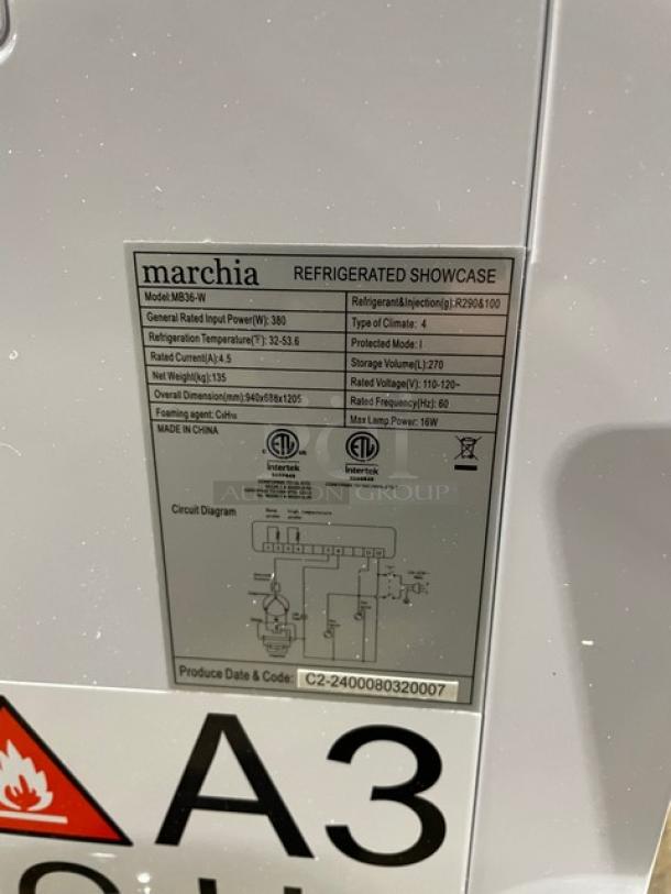 New! Scratch-N-Dent! Marchia Commercial White 36" Curved Glass Refrigerated Bakery Display Case! With Adjustable Glass Shelves! With LED Lighting! With Rear Hinged Reach In Doors! Model: MB36-W! 110-120V! On Casters! - Image 7 of 11