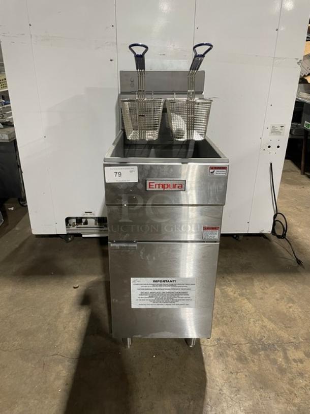 New! Scratch-N-Dent! Empura Commercial Stainless Steel Natural Gas Powered Floor Style Deep Fat Fryer! With Back Splash! With 2 Frying Baskets! Model: EGF-40/50_NAT SN: 2202005038! On Legs! - Image 1 of 11
