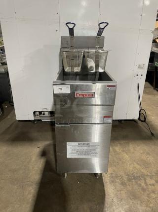 New! Scratch-N-Dent! Empura Commercial Stainless Steel Natural Gas Powered Floor Style Deep Fat Fryer! With Back Splash! With 2 Frying Baskets! Model: EGF-40/50_NAT SN: 2202005038! On Legs!