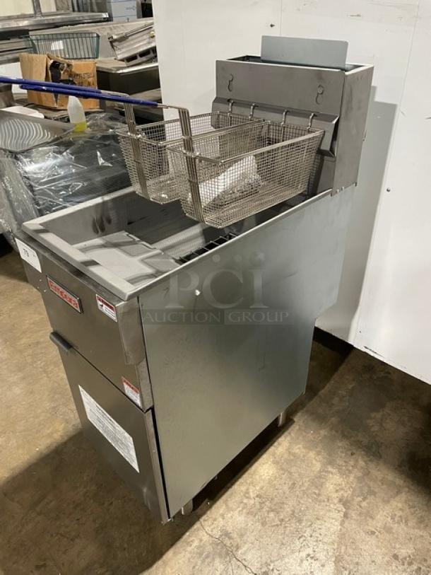 New! Scratch-N-Dent! Empura Commercial Stainless Steel Natural Gas Powered Floor Style Deep Fat Fryer! With Back Splash! With 2 Frying Baskets! Model: EGF-40/50_NAT SN: 2202005038! On Legs! - Image 2 of 11