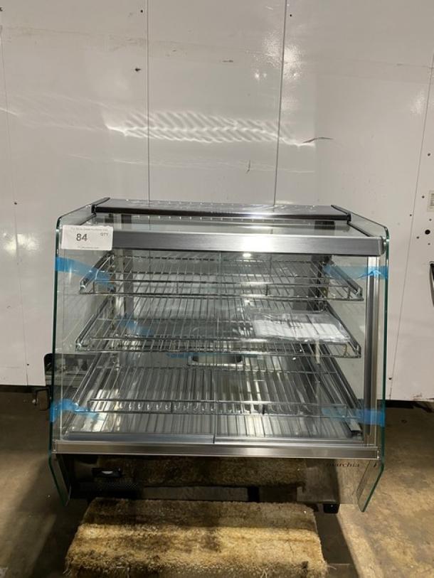 New! Scratch-N-Dent! Marchia Commercial Stainless Steel 27" Countertop Slanted Glass Heated Display/Showcase! With Front & Rear Sliding Glass Doors! With Adjustable Chrome Plated Wire Racks! Model: MHC125! 110-120V! On Legs! - Image 1 of 12