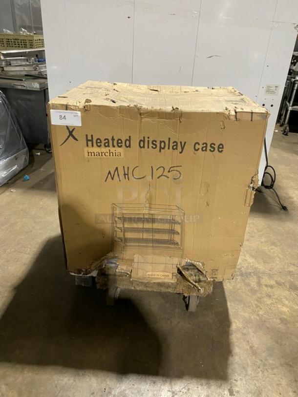 New! Scratch-N-Dent! Marchia Commercial Stainless Steel 27" Countertop Slanted Glass Heated Display/Showcase! With Front & Rear Sliding Glass Doors! With Adjustable Chrome Plated Wire Racks! Model: MHC125! 110-120V! On Legs! - Image 2 of 12