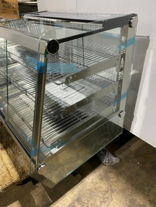 New! Scratch-N-Dent! Marchia Commercial Stainless Steel 27" Countertop Slanted Glass Heated Display/Showcase! With Front & Rear Sliding Glass Doors! With Adjustable Chrome Plated Wire Racks! Model: MHC125! 110-120V! On Legs! - Image 3 of 12