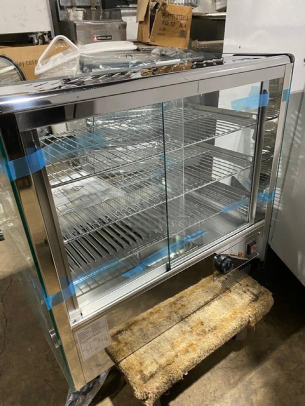 New! Scratch-N-Dent! Marchia Commercial Stainless Steel 27" Countertop Slanted Glass Heated Display/Showcase! With Front & Rear Sliding Glass Doors! With Adjustable Chrome Plated Wire Racks! Model: MHC125! 110-120V! On Legs! - Image 4 of 12
