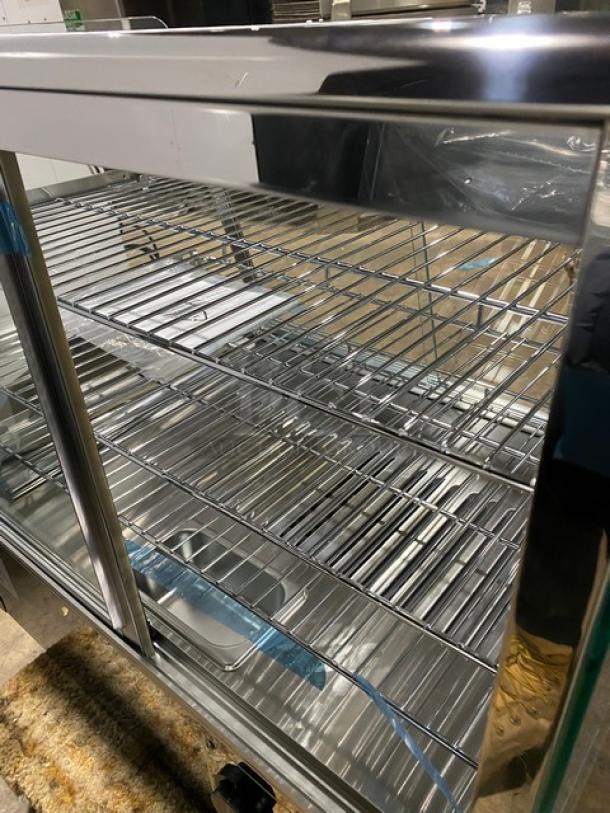 New! Scratch-N-Dent! Marchia Commercial Stainless Steel 27" Countertop Slanted Glass Heated Display/Showcase! With Front & Rear Sliding Glass Doors! With Adjustable Chrome Plated Wire Racks! Model: MHC125! 110-120V! On Legs! - Image 7 of 12