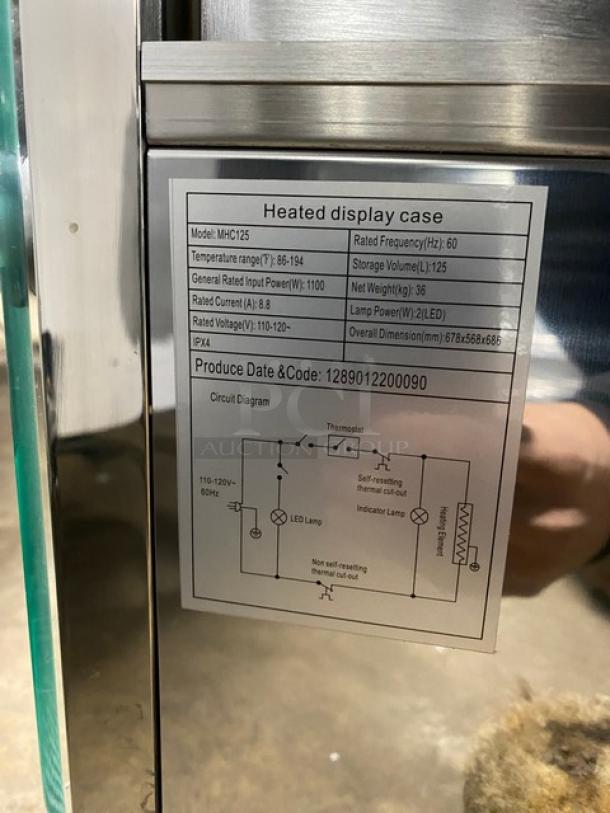New! Scratch-N-Dent! Marchia Commercial Stainless Steel 27" Countertop Slanted Glass Heated Display/Showcase! With Front & Rear Sliding Glass Doors! With Adjustable Chrome Plated Wire Racks! Model: MHC125! 110-120V! On Legs! - Image 10 of 12