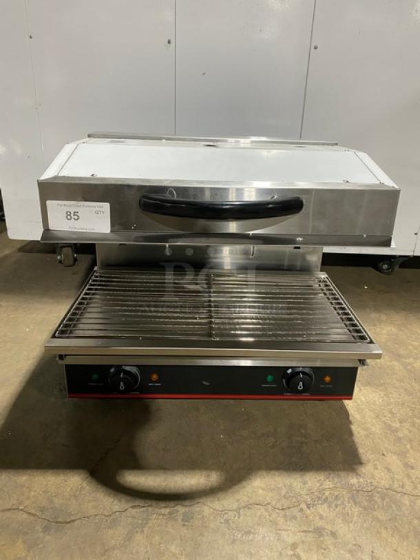New! Scratch-N-Dent! Cookline! 2023! Commercial Stainless Steel Electric Powered 28" Countertop Salamander! With Adjustable Cooking Clearance! With Cool-To-The-Touch Handle! With Drip Tray & Cooking Grate! Model: ES-28 SN: 2302028134! 240V! On Legs! - Image 1 of 10
