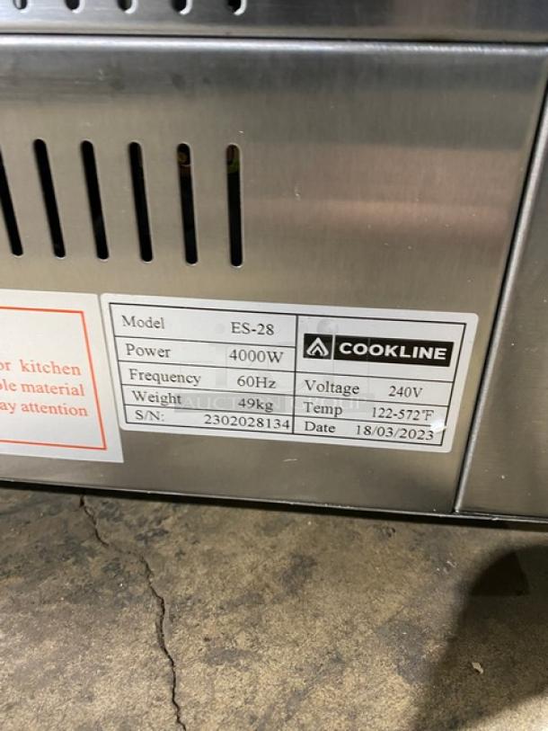 New! Scratch-N-Dent! Cookline! 2023! Commercial Stainless Steel Electric Powered 28" Countertop Salamander! With Adjustable Cooking Clearance! With Cool-To-The-Touch Handle! With Drip Tray & Cooking Grate! Model: ES-28 SN: 2302028134! 240V! On Legs! - Image 8 of 10