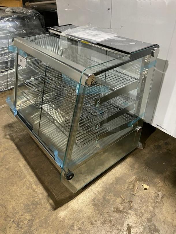 New! Scratch-N-Dent! Marchia Commercial Stainless Steel 27" Countertop Slanted Glass Heated Display/Showcase! With Front & Rear Sliding Glass Doors! With Adjustable Chrome Plated Wire Racks! Model: MHC125! 110-120V! On Legs! - Image 2 of 11