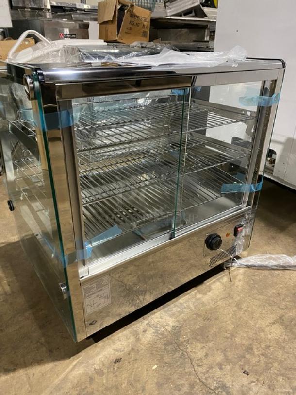 New! Scratch-N-Dent! Marchia Commercial Stainless Steel 27" Countertop Slanted Glass Heated Display/Showcase! With Front & Rear Sliding Glass Doors! With Adjustable Chrome Plated Wire Racks! Model: MHC125! 110-120V! On Legs! - Image 3 of 11