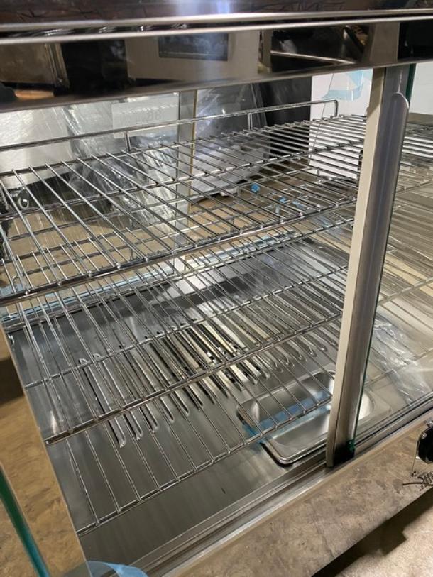 New! Scratch-N-Dent! Marchia Commercial Stainless Steel 27" Countertop Slanted Glass Heated Display/Showcase! With Front & Rear Sliding Glass Doors! With Adjustable Chrome Plated Wire Racks! Model: MHC125! 110-120V! On Legs! - Image 6 of 11