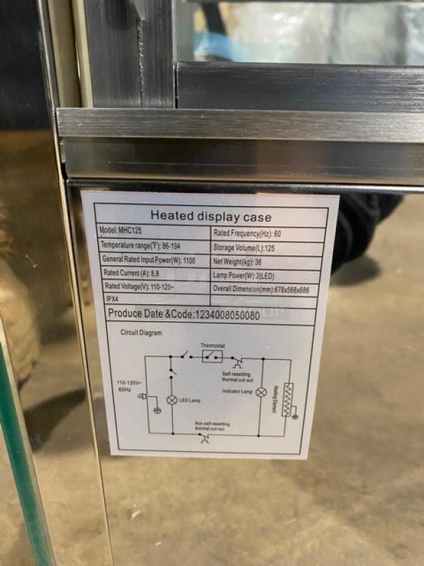 New! Scratch-N-Dent! Marchia Commercial Stainless Steel 27" Countertop Slanted Glass Heated Display/Showcase! With Front & Rear Sliding Glass Doors! With Adjustable Chrome Plated Wire Racks! Model: MHC125! 110-120V! On Legs! - Image 8 of 11