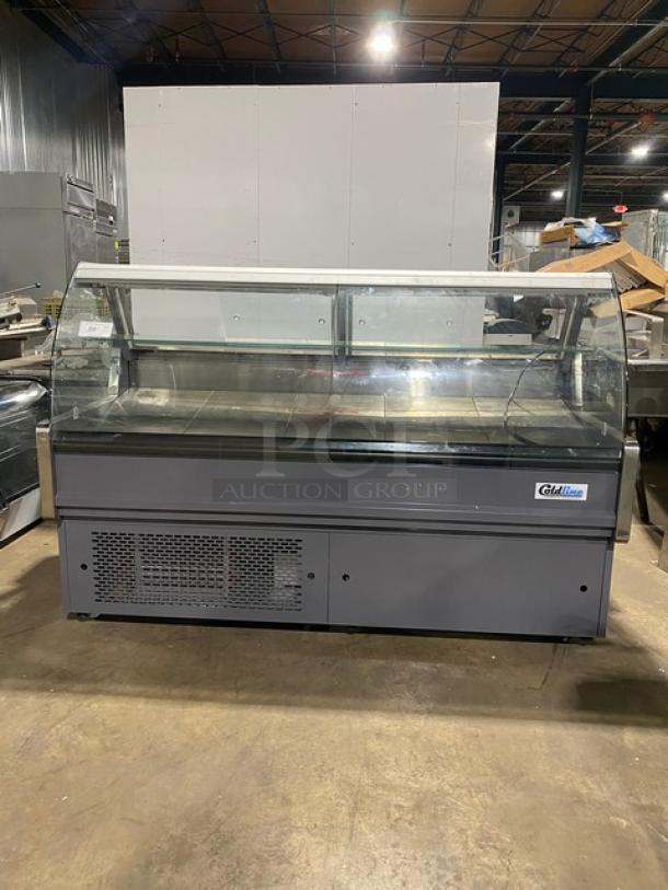 New! Scratch-N-Dent! Coldline Commercial 72″ Curved Glass Refrigerated Meat/Deli Display Merchandiser Case! With Glass Display Shelf! With LED Lighting! With Rear Sliding Glass Doors! With 8" Rear Work Surface! With Refrigerated Storage Compartments! Model: SDC72! 115V! On Casters! - Image 1 of 11