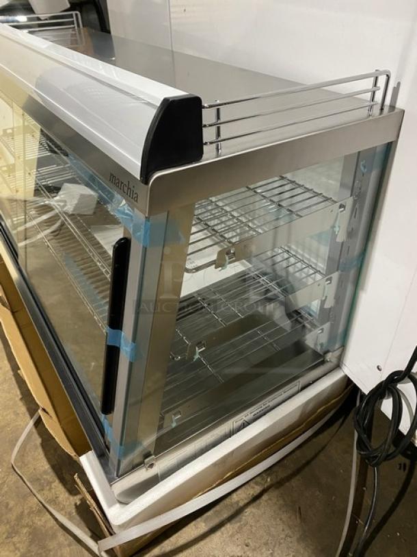 New! Scratch-N-Dent! Marchia Commercial Stainless Steel 48" Heated Countertop Display/Showcase! With Front & Rear Sliding Glass Doors! With LED Lighting! With Adjustable Chrome Plated Wire Racks! With Thermostatic Temperature Control! Model: SHCC186! 110-120V! On Legs! - Image 3 of 13