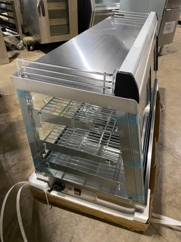 New! Scratch-N-Dent! Marchia Commercial Stainless Steel 48" Heated Countertop Display/Showcase! With Front & Rear Sliding Glass Doors! With LED Lighting! With Adjustable Chrome Plated Wire Racks! With Thermostatic Temperature Control! Model: SHCC186! 110-120V! On Legs! - Image 5 of 13