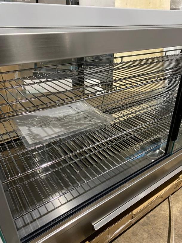 New! Scratch-N-Dent! Marchia Commercial Stainless Steel 48" Heated Countertop Display/Showcase! With Front & Rear Sliding Glass Doors! With LED Lighting! With Adjustable Chrome Plated Wire Racks! With Thermostatic Temperature Control! Model: SHCC186! 110-120V! On Legs! - Image 7 of 13