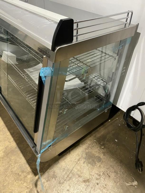 New! Scratch-N-Dent! Marchia Commercial Stainless Steel 34" Heated Countertop Display/Showcase! With Front & Rear Sliding Glass Doors! With Chrome Plated Wire Racks! Model: SHCC136! 110-120V! On Legs! - Image 2 of 12