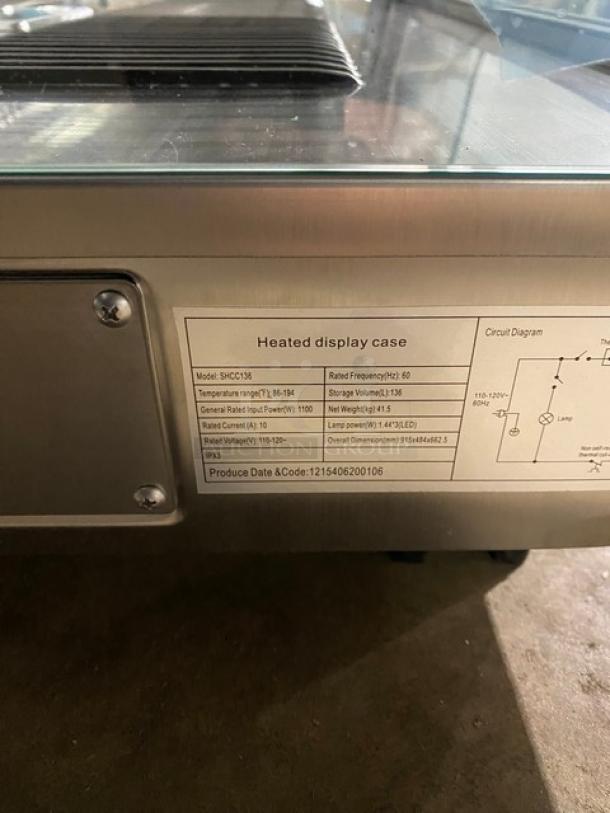 New! Scratch-N-Dent! Marchia Commercial Stainless Steel 34" Heated Countertop Display/Showcase! With Front & Rear Sliding Glass Doors! With Chrome Plated Wire Racks! Model: SHCC136! 110-120V! On Legs! - Image 11 of 12