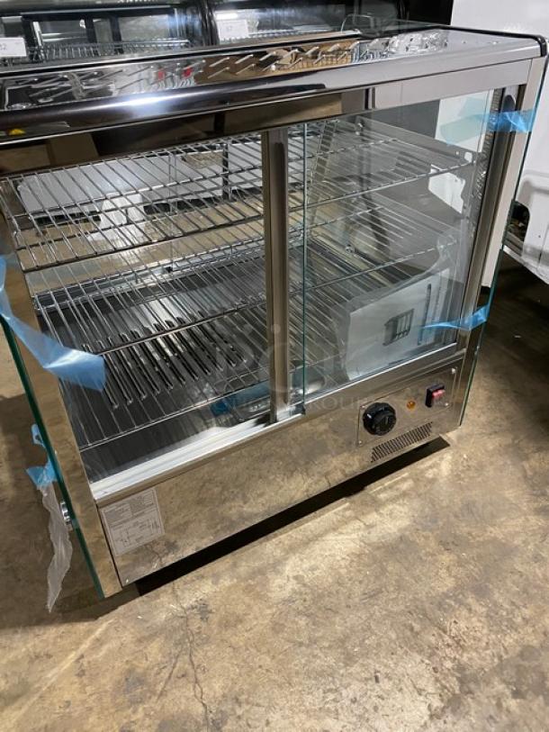 New! Scratch-N-Dent! Marchia Commercial Stainless Steel 27" Countertop Slanted Glass Heated Display/Showcase! With Front & Rear Sliding Glass Doors! With Adjustable Chrome Plated Wire Racks! Model: MHC125! 110-120V! On Legs! - Image 3 of 11