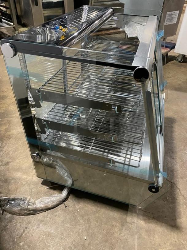 New! Scratch-N-Dent! Marchia Commercial Stainless Steel 27" Countertop Slanted Glass Heated Display/Showcase! With Front & Rear Sliding Glass Doors! With Adjustable Chrome Plated Wire Racks! Model: MHC125! 110-120V! On Legs! - Image 4 of 11