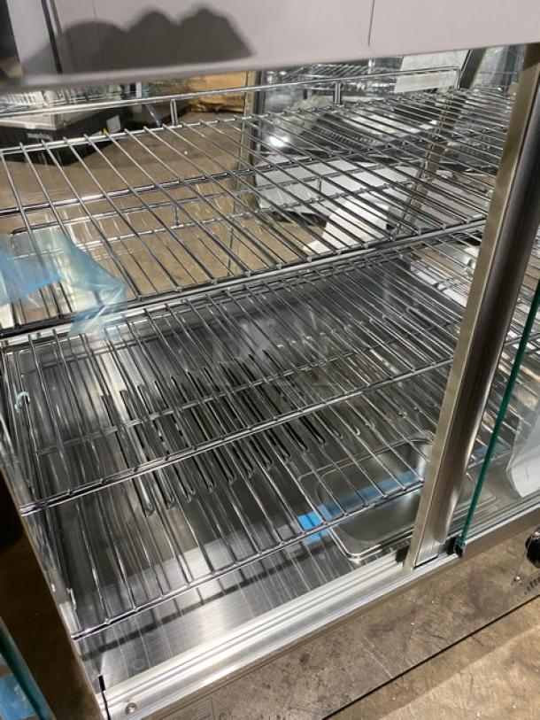 New! Scratch-N-Dent! Marchia Commercial Stainless Steel 27" Countertop Slanted Glass Heated Display/Showcase! With Front & Rear Sliding Glass Doors! With Adjustable Chrome Plated Wire Racks! Model: MHC125! 110-120V! On Legs! - Image 7 of 11