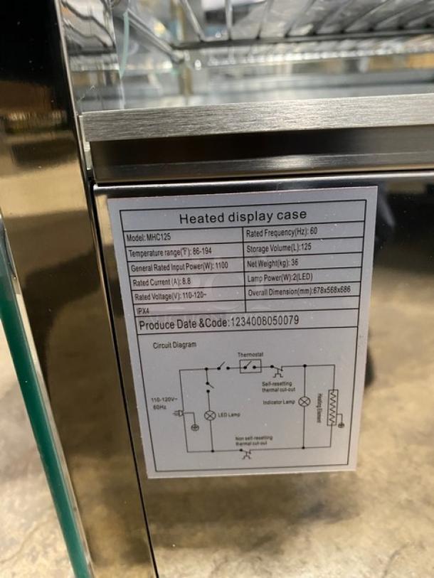 New! Scratch-N-Dent! Marchia Commercial Stainless Steel 27" Countertop Slanted Glass Heated Display/Showcase! With Front & Rear Sliding Glass Doors! With Adjustable Chrome Plated Wire Racks! Model: MHC125! 110-120V! On Legs! - Image 11 of 11