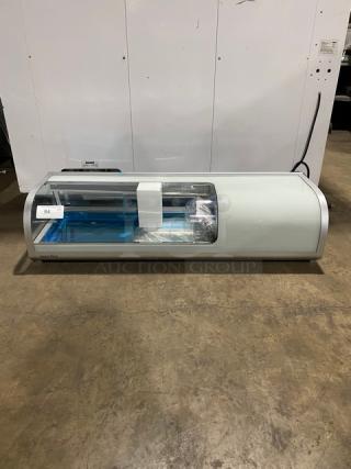 New! Scratch-N-Dent! Marchia Commercial Stainless Steel 46" Refrigerated 4-Pan Sushi Display/Showcase! With LED Lights! With Rear Sliding Glass Doors! With New Steam Table/Hotel Pans! Model: MSU140S! 110-120V! On Legs!