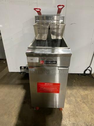 New! Scratch-N-Dent! Cookline! 2024! Commercial Stainless Steel Liquid Propane Powered 50LB Floor Style Deep Fat Fryer! With 2 Frying Baskets! Model: CF-50 SN: 2401024033! On Casters!