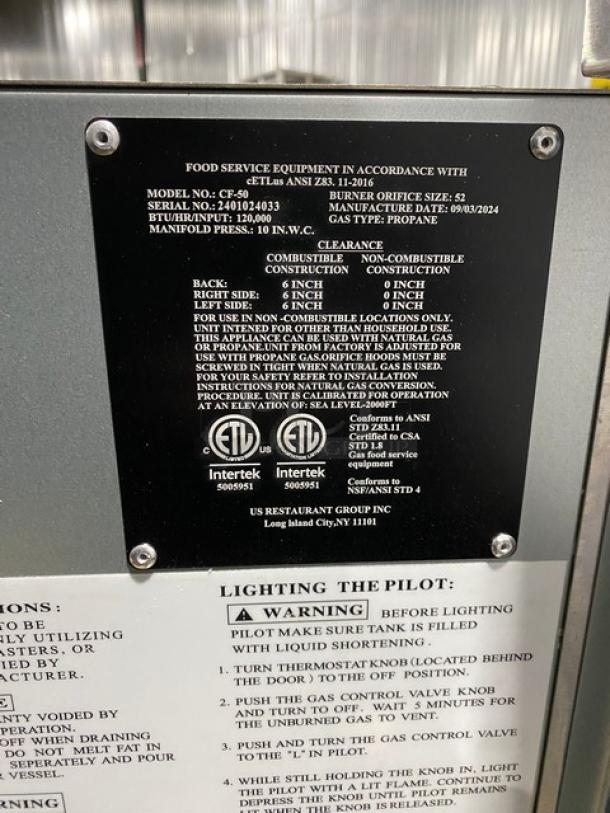New! Scratch-N-Dent! Cookline! 2024! Commercial Stainless Steel Liquid Propane Powered 50LB Floor Style Deep Fat Fryer! With 2 Frying Baskets! Model: CF-50 SN: 2401024033! On Casters! - Image 10 of 13