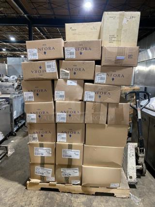 All New In The Box! High Quality Mixed Pallet! Steelite Rona Edition 7-3/4oz. Champagne Flute Glasses! With Steelite Anfora Edition Matte Black 8x6 Oval Platters! With Steelite Anfora Edition Matte Terracotta 10-3/4" Round Coupe Plates! With Steelite Wabi Sabi Edition Indigo 11-1/4" Round Coupe Plates! With Steelite Vortex Edition 12-1/2oz Stackable Porcelain Mugs With Handles! With Steelite Hall China Edition White 2-1/4"Diameter x 7/8"Height 1oz. Butter/Condiment Dishes! 70X Your Bid!