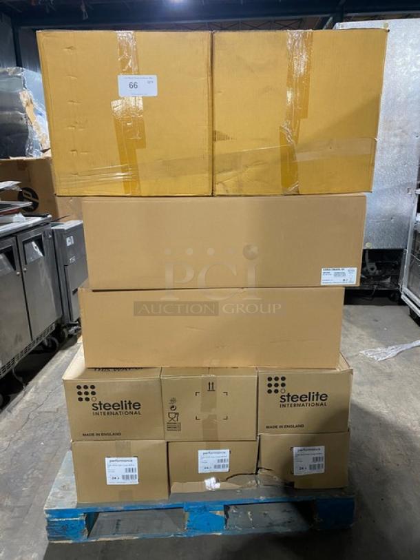 All New in The Box! High Quality Mixed Pallet! Steelite Laguiole Edition 9" Polished Black Finish Stainless Steel Prime Steak Knifes! With Steelite Taste Edition White 10" Coupe Plates! With Steelite Rona, Linea Umana Edition Full Bodied 30-1/2oz. Red Wine Glasses! With Steelite Maham Spice Sea Salt Edition 8.5oz. Cups! With Steelite Rene Ozorio Aura Edition Steelite 33oz. Lidded Porcelain Bowls! With Steelite American Basics Edition 8.5" Plates! With Diversified Ceramics White 6 Hole Escargot Plates! & More! 45X Your Bid! - Image 1 of 9