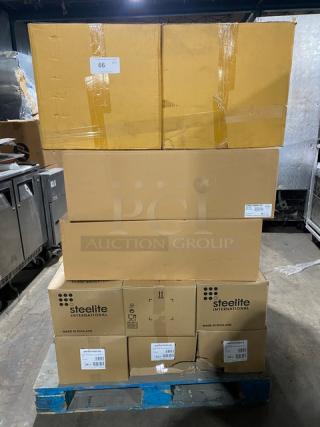 All New in The Box! High Quality Mixed Pallet! Steelite Laguiole Edition 9" Polished Black Finish Stainless Steel Prime Steak Knifes! With Steelite Taste Edition White 10" Coupe Plates! With Steelite Rona, Linea Umana Edition Full Bodied 30-1/2oz. Red Wine Glasses! With Steelite Maham Spice Sea Salt Edition 8.5oz. Cups! With Steelite Rene Ozorio Aura Edition Steelite 33oz. Lidded Porcelain Bowls! With Steelite American Basics Edition 8.5" Plates! With Diversified Ceramics White 6 Hole Escargot Plates! & More! 45X Your Bid!