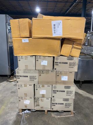 All New In The Box! High Quality Mixed Pallet! Steelite Bormioli Rocco, Quattro Edition Clear 33-3/4oz. Stagioni Bottles/Metal Lids! With Steelite Rona Artist Edition 12.5oz. Mineral Water Glasses! With Steelite International Commercial Stainless Steel 10.25"x9.5"x28" Wine Bucket Stands! 52X Your Bid!