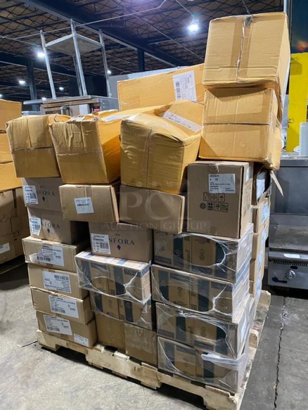 All New In The Box! High Quality Mixed Pallet! Steelite International Commercial Stainless Steel 10.25"x9.5"x28" Wine Bucket Stands! With Rona Linea Umana 14-1/2oz Sparkling Water Glasses! With Paşabahçe Centra Edition Vintage 10-1/4oz Juice & Long Drink Glasses! With Steelite Nude Wayne Edition 8.75oz. Highball Crystalline Glasses! With Steelite Anfora Edition Chena Matte Terracotta 6” Coupe Plates! With Commercial Stainless Steel 6Qt Stock Pots/No Lids! & More! 49X Your Bid! - Image 2 of 10