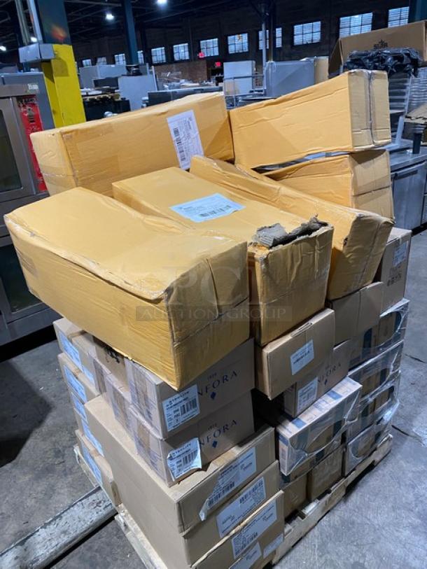 All New In The Box! High Quality Mixed Pallet! Steelite International Commercial Stainless Steel 10.25"x9.5"x28" Wine Bucket Stands! With Rona Linea Umana 14-1/2oz Sparkling Water Glasses! With Paşabahçe Centra Edition Vintage 10-1/4oz Juice & Long Drink Glasses! With Steelite Nude Wayne Edition 8.75oz. Highball Crystalline Glasses! With Steelite Anfora Edition Chena Matte Terracotta 6” Coupe Plates! With Commercial Stainless Steel 6Qt Stock Pots/No Lids! & More! 49X Your Bid! - Image 10 of 10