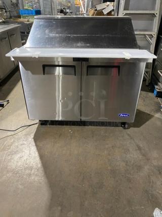 Like New! Atosa! 2023! Still Under Warranty! Commercial Stainless Steel 2 Door Refrigerated Mega Top Sald/Sandwich Prep Table! With Removable Cutting Board! Model: MSF8306GR SN: MSF8306GRAUS1T0321112300C40004! 115V 1 Phase! On Casters!