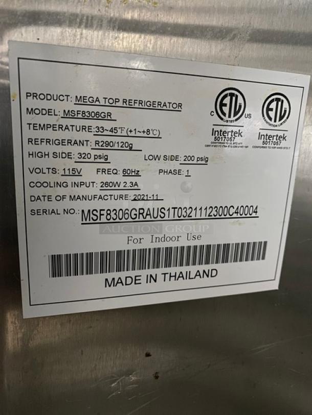 Like New! Atosa! 2023! Still Under Warranty! Commercial Stainless Steel 2 Door Refrigerated Mega Top Sald/Sandwich Prep Table! With Removable Cutting Board! Model: MSF8306GR SN: MSF8306GRAUS1T0321112300C40004! 115V 1 Phase! On Casters! - Image 8 of 12